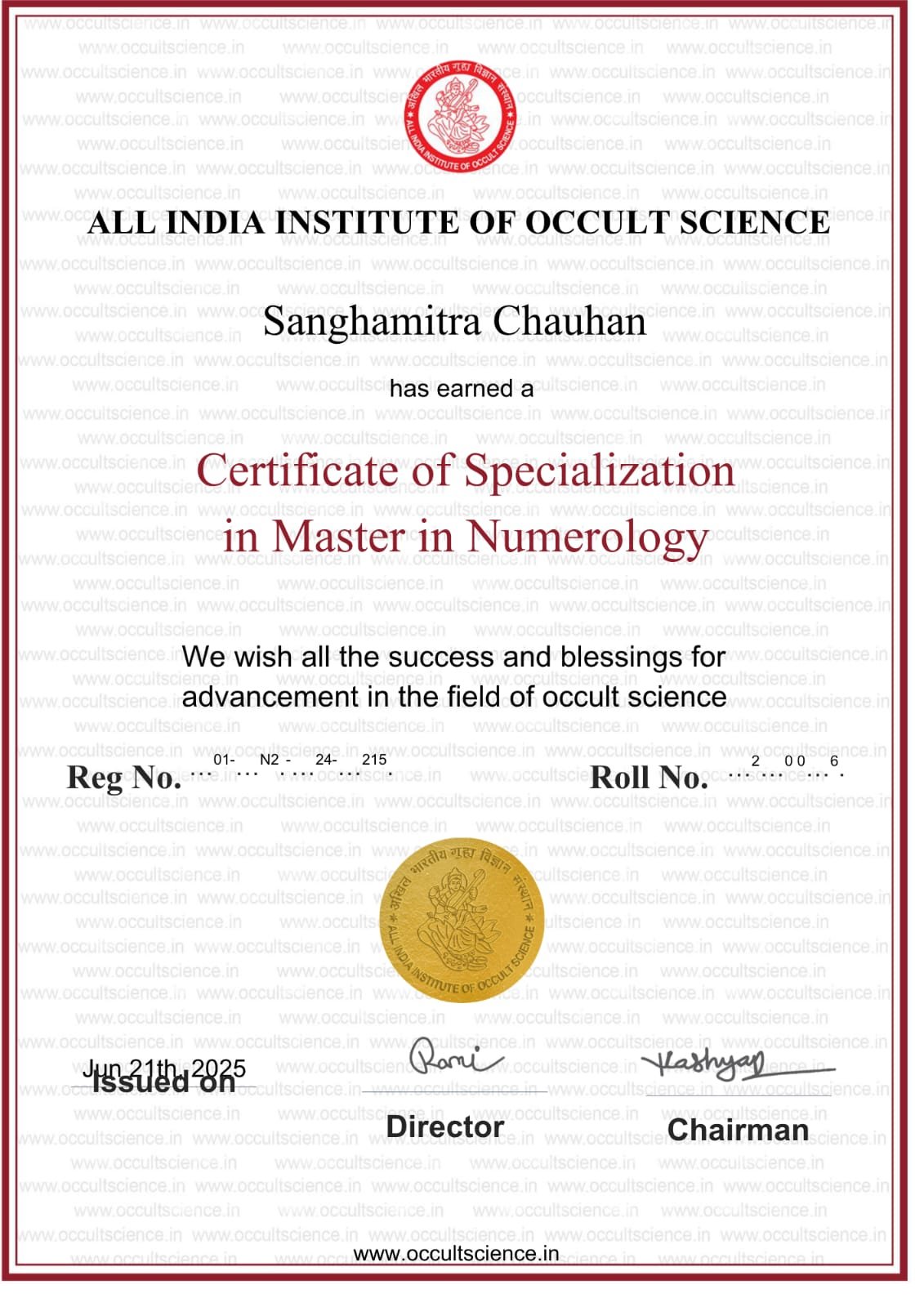 Master In Numerology Certificate